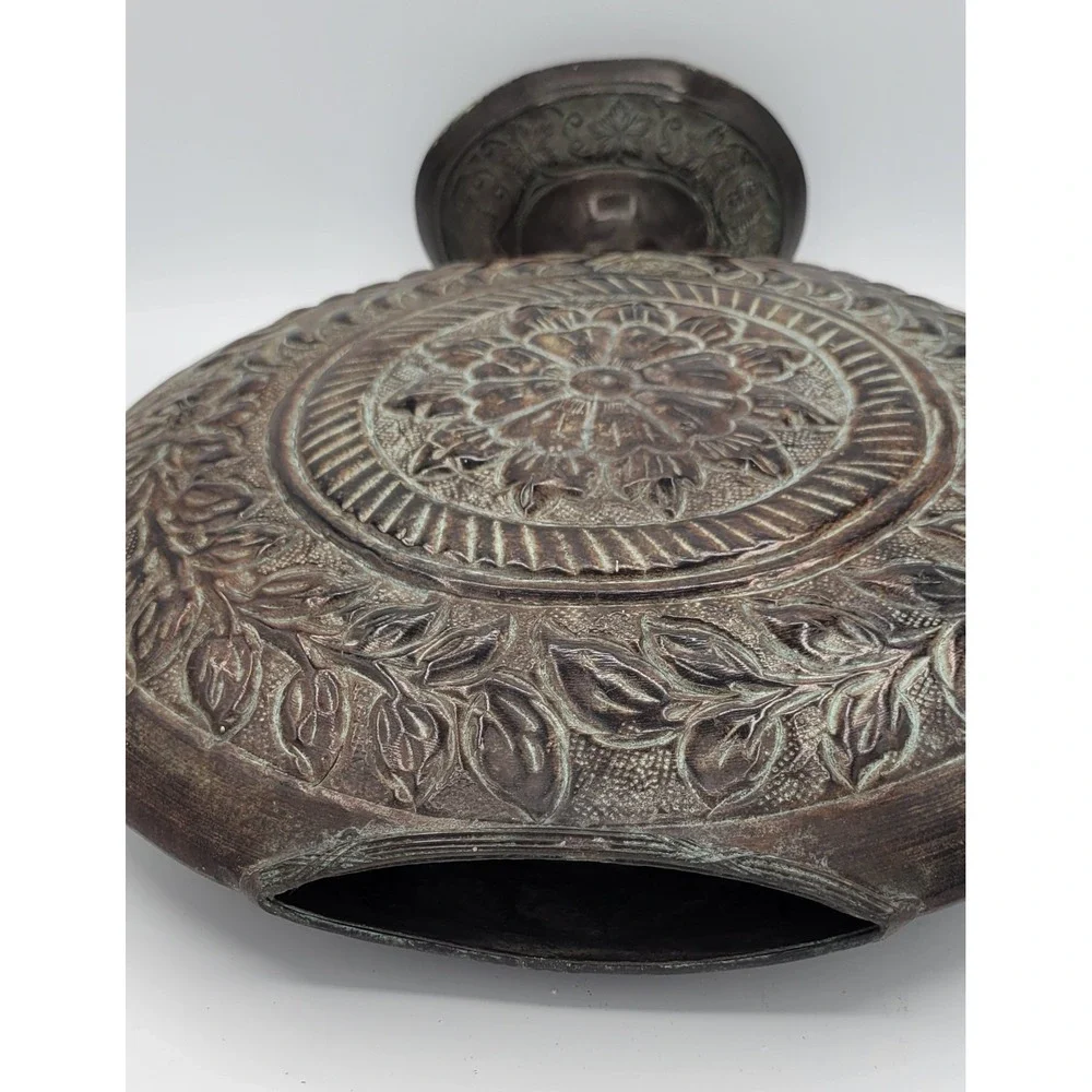 Rustic Medallion Oversized Round Metal Embossed Pedestal Vase 14.5x12.75x3 Brown
